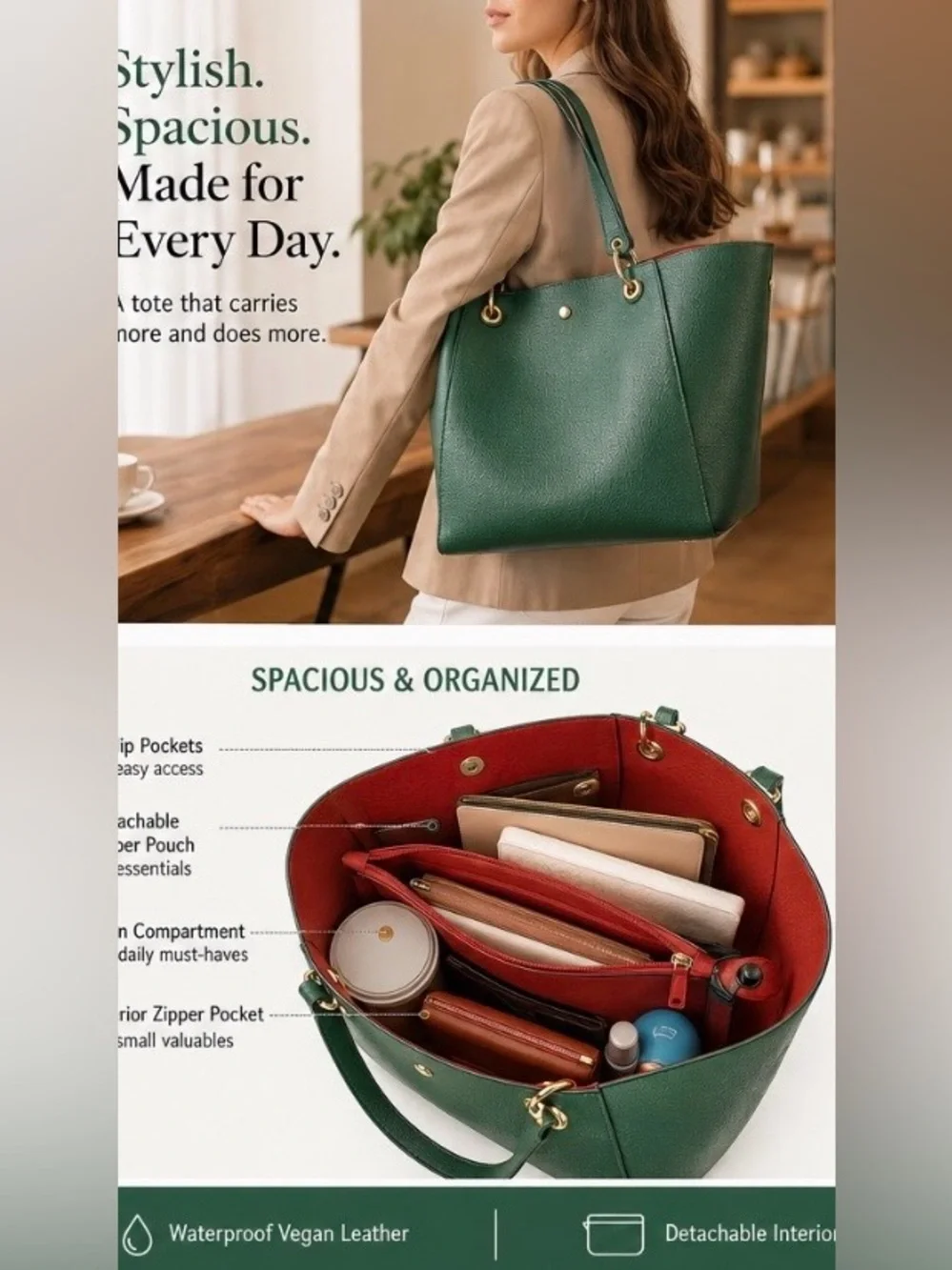 Green Pebbled Vegan Leather Tote Bag Large Work Travel Purse